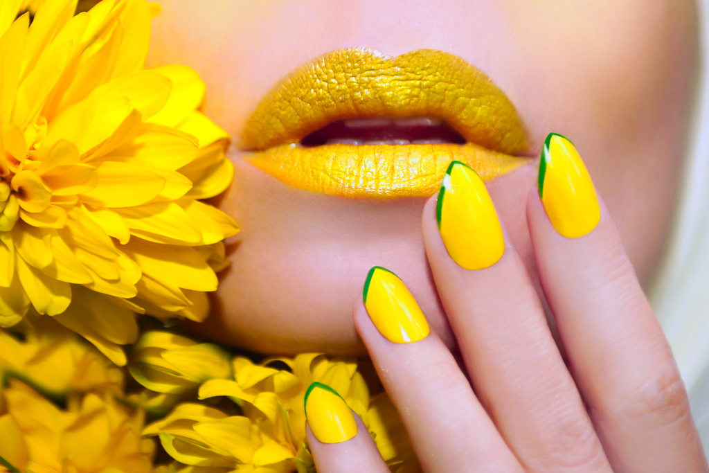 yellow manicure and makeup